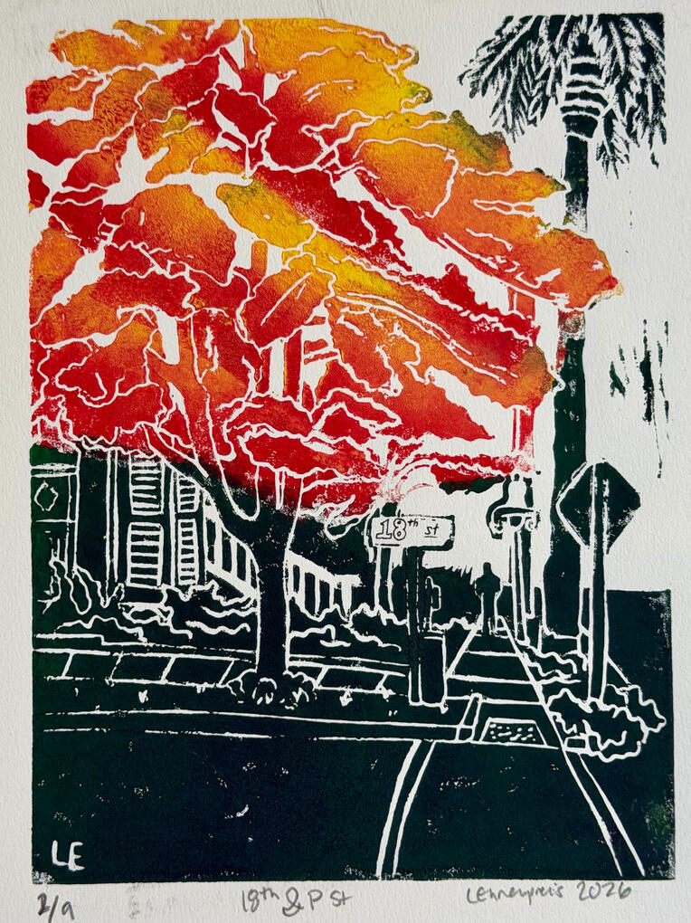 18th & P St - Linocut print by Elizabeth Ehrenpreis