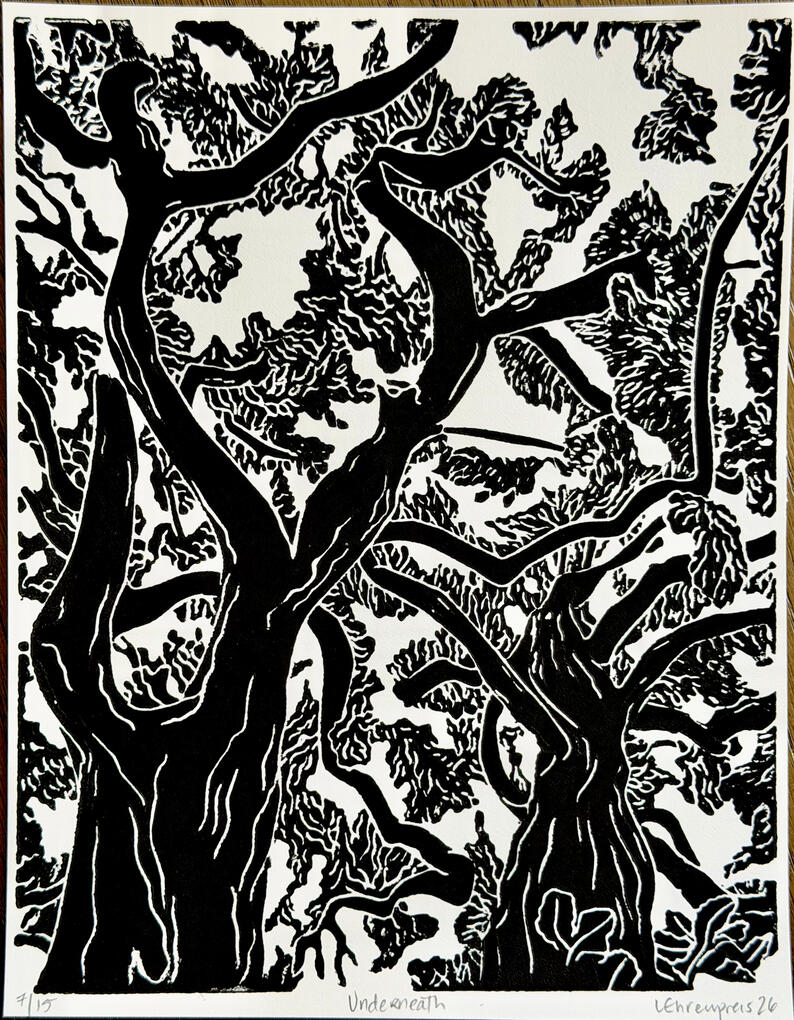 Underneath - Linocut print by Elizabeth Ehrenpreis