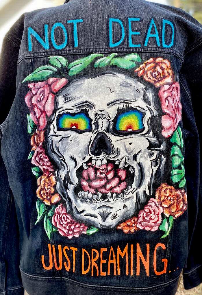 Not Dead Just Dreaming - Acrylic on Denim - Wearable Art by Elizabeth Ehrenpreis Not Dead Just Dreaming - Acrylic on Denim - Wearable Art by Elizabeth Ehrenpreis
